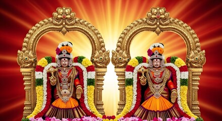 Obraz premium Colorful Hindu Deities Decorated with Flowers in Ornate Gold Frames for Religious Festival