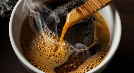 Hot Coffee Being Brewed with Steaming Coffee Grounds in White Cup