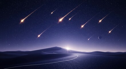 Meteor Shower Over Dark Night Sky with Mountain Landscape and Bright Horizon