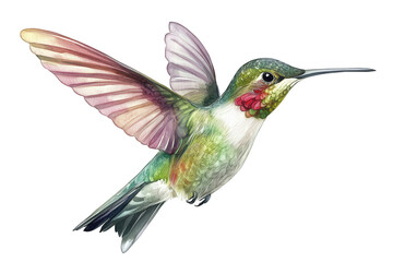 Fototapeta premium Watercolor painting of a hummingbird isolated on transparent background, showcasing its vibrant plumage and delicate wings in midflight, creating a sense of lightness