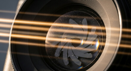 Obraz premium Camera lens with light streaks and reflection of internal fan blades
