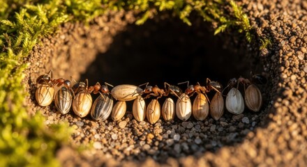 Ants Carrying Eggs Into Nest in Natural Soil with Green Moss and Sandy Texture