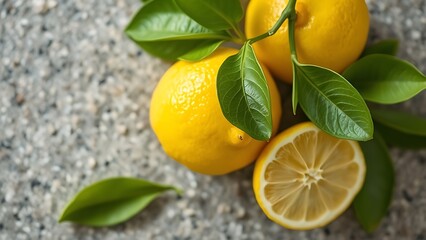 Juicy lemon with green leaves on stone, natural light enhancing textures, clean culinary aesthetic.