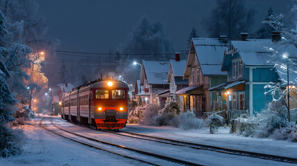 Train travels through snowy village under twinkling night lights