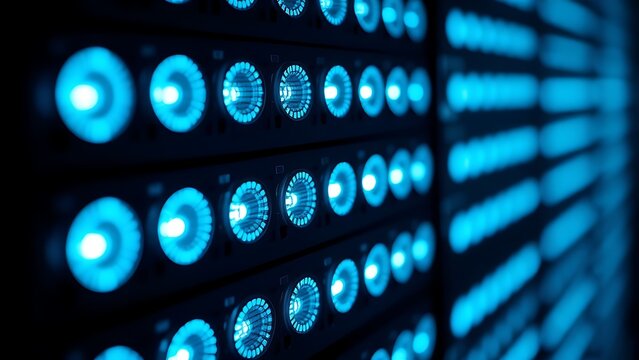 Close-up of glowing blue server rack lights creating an abstract technological pattern on a dark background.