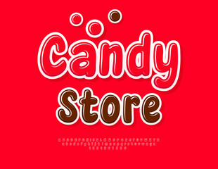 Vector Advertising signboard Candy Store. Red Glossy Font. Rounded Alphabet Letters and Numbers set.