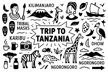 Tanzania travel doodle set with Mount Kilimanjaro, Zanzibar, safari animals, and cultural icons, Transparent Background