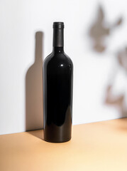 Elegant red wine bottle mockup on a minimalist table with soft shadows, showcasing a sleek design and perfect for branding and label presentation in creative projects