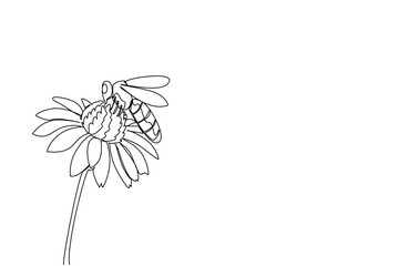 Single continuous line drawing a bee landed on flower. Looking for enough food before returning to the nest in the evening. Just land in a good place World Bee Day. One line design vector illustration © Simple Line