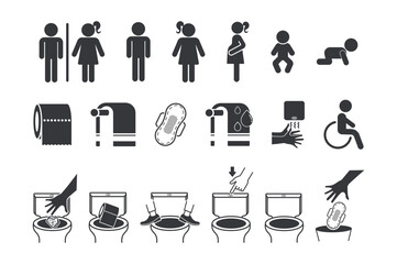 Isolated bundle set pictogram of toilet and restroom icons, including flush bowl, air dryer, man, woman, and hygiene symbols.