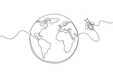 Single one line drawing a globe with bees flying around on the side. Bees migrate. Moving away from the decreasing best nesting grounds. World Bee Day. Continuous line design graphic illustration