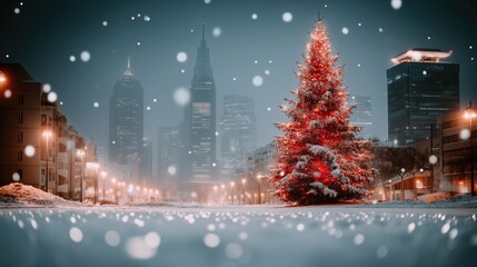 Fototapeta premium Festive Christmas Tree in Snowy Winter Cityscape with Bokeh Ligh
