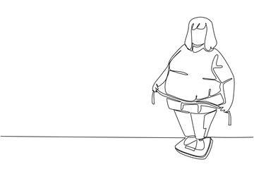 Single one line drawing a fat woman ties her stomach with a measuring tape standing on a scale. Too much sweet consumption. Over. Weights and Measures Day. Continuous line design graphic illustration