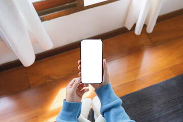 Fototapeta na wymiar Top view mockup image of a woman holding mobile phone with blank desktop screen at home