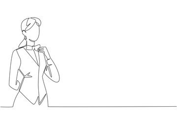 Single one line drawing woman wears a waitstaff uniform holds bow tie with one of hands. Selected as the best employee of the year. National Waitstaff Day. Continuous line design graphic illustration