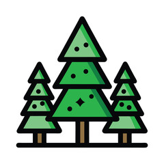 Stylized illustration of three green coniferous trees with dark outlines on a white background representing a forest or woodland scene