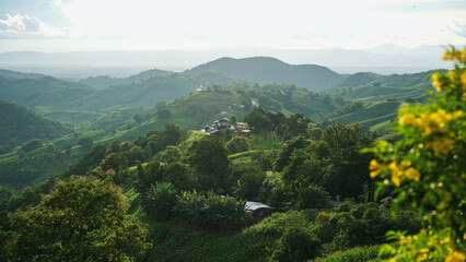 Fototapeta premium Wooden cabin in the forest and mountains