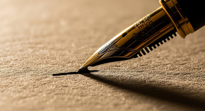 Closeup of a fountain pen writing on paper with ink flowing from nib