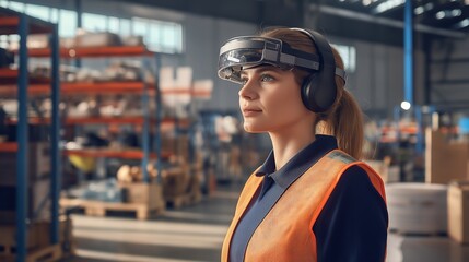 Female warehouse worker wearing safety gear and headphones, utilizing augmented reality headset, stands confidently in a busy industrial environment, showcasing modern technology in logistics