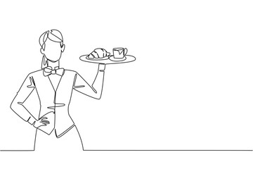 Continuous one line drawing a female waitstaff with apron holding a tray containing a mug and a croissant. A satisfying sweet taste. National Waitstaff Day. Single line draw design vector illustration