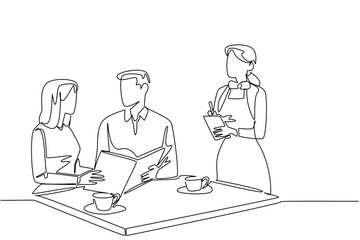 Continuous one line drawing female waitstaff with apron writing down orders for male and female customers. Serving with friendliness National Waitstaff Day. Single line draw design vector illustration