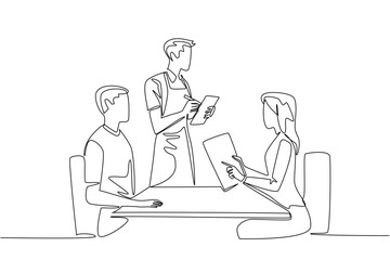 Single one line drawing male waitstaff with apron writing down orders for male and female customers. Write menu orders carefully. National Waitstaff Day. Continuous line design graphic illustration