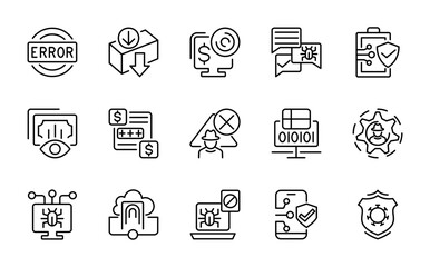 Fraud and Scams line icon set. Cyber crime, hacking, malware, virus, phishing, hack, spy, criminal, server, folder, file, theft, line icon collection