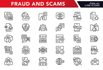Fraud and Scams line icon set. Cyber crime, hacking, malware, virus, phishing, hack, spy, criminal, server, folder, file, theft, line icon set. UI thin line icon pack.