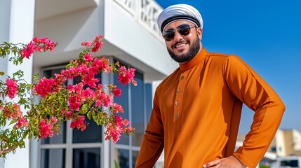 Young man wearing traditional attire stands confidently beside vibrant pink flowers, showcasing cultural heritage and modern style against a bright blue sky with architectural elements