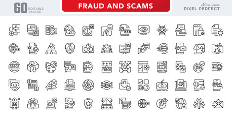 Fraud and Scams line icon set. Cyber crime, web, virus, fraud, malware bug, scams, criminal, phone, server, folder, file, steal, spy, hack line icon pack. Editable stroke