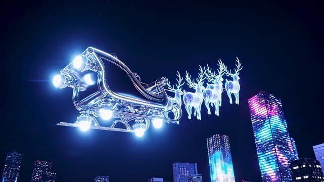 Festive cityscape with holographic reindeer and santa sleigh light projection against skyscrapers at night, Christmas, xmas and new year 2026 holiday