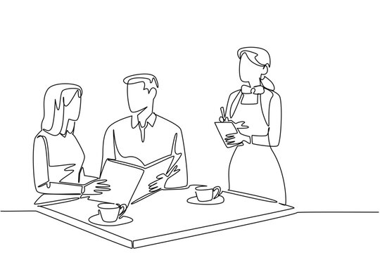Continuous one line drawing female waitstaff with apron writing down orders for male and female customers. Serving with friendliness National Waitstaff Day. Single line draw design vector illustration - Powered by Adobe