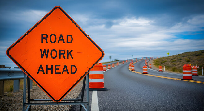 Road work ahead sign with orange cones lining the asphalt road under a cloudy sky.