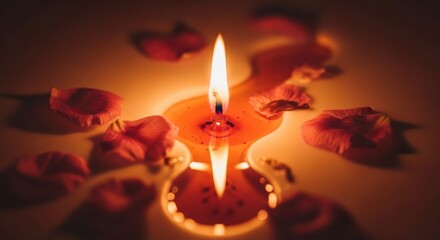 Romantic Candle Flame Surrounded by Rose Petals in Warm Soft Lighting for Spiritual or Relaxation Themes