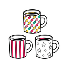 Three hand drawn coffee mugs with different colorful patterns including stripes stars and abstract shapes isolated on a white background