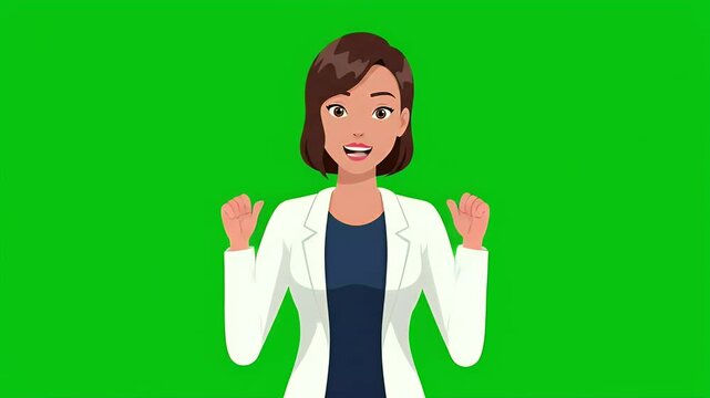 Animated  Animated professional woman in a white coat celebrating with raised fists on a green screen background.