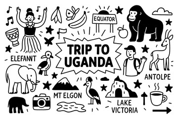 Uganda travel doodle set with Murchison Falls, Mount Elgon, wildlife, coffee, and cultural icons, Transparent Background