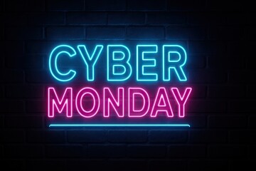 Obraz premium Glowing neon Cyber Monday sign with blue and pink illuminated text for online shopping discounts sales promotions