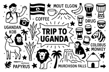 Uganda travel doodle set with Murchison Falls, Mount Elgon, wildlife, coffee, and cultural icons, Transparent Background