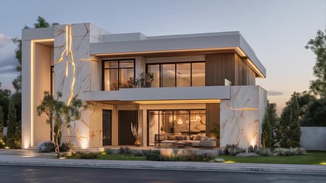 A modern, stylish house facade illuminated at dusk, showcasing elegant stonework and luxurious design.