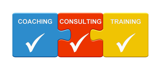 Bunte Puzzle Buttons: Coaching, Consulting, Training