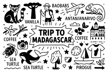 Madagascar travel doodle set with baobab trees, lemurs, chameleon, vanilla, and island culture, Transparent Background