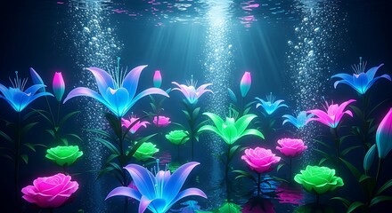 Underwater neon flora garden with blooming lilies and roses luminous light © Sumedani