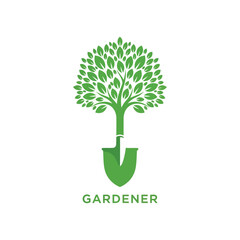 Vector art of a vibrant gardener logo featuring a shovel with a tree growing out of it, symbolizing growth and nature