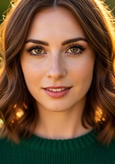 Fototapeta premium Portrait of a woman in natural light showcasing delicate features and subtle beauty with soft waves