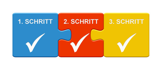 Bunte Puzzle Buttons: 1. Schritt, 2. Schritt, 3. Schritt
