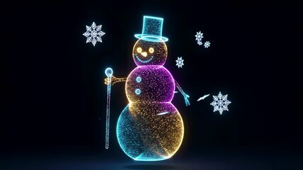 Animated video of futuristic glowing holographic snowman with colorful particle lights and snowflake on black background for christmas - Powered by Adobe