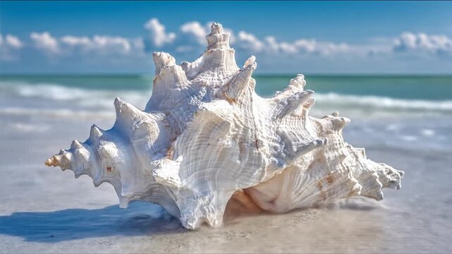 White seashell on sandy beach with ocean background and blue sky