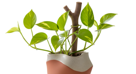 Golden pothos plant in a decorative pot with a branch isolated on transparent background