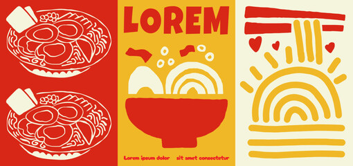 amen noodle illustration set with minimalist line art style showing bowls, chopsticks, and noodles.